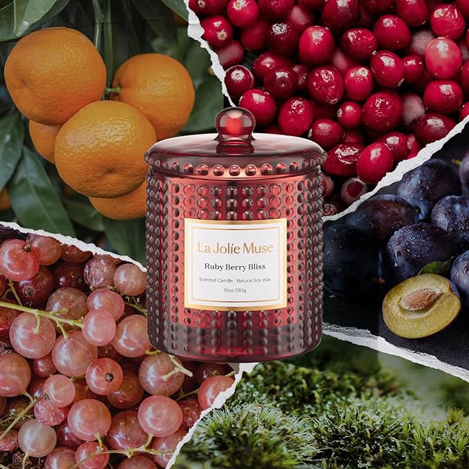 LA JOLIE MUSE Ruby Berry Bliss Scented Candle – Mandarin, Cranberry & Plum| Natural Soy Wax | 10 oz Festive Christmas Candle | 55 Hours Clean Burn | Autumn House Warming Gift | Seasonal Home Décor