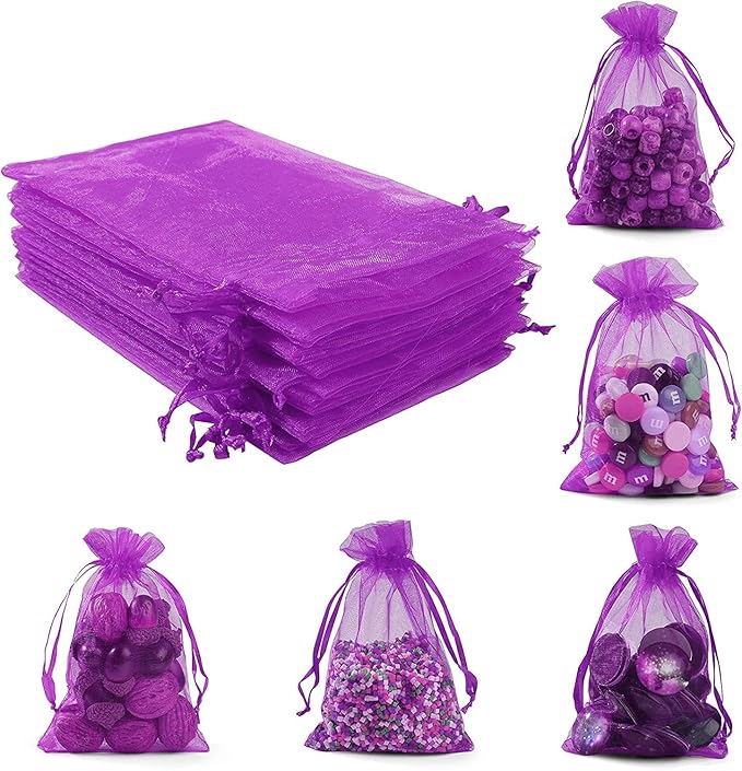 ANZNKU 50PCS Sheer Organza Bags, Premium Purple Organza Bags 5x7 Inch, Gift Bag Small Size for Halloween, Mesh Bag Candy Pouches, Small Mesh Pouches with Drawstring, Party Wedding Favor Pouch