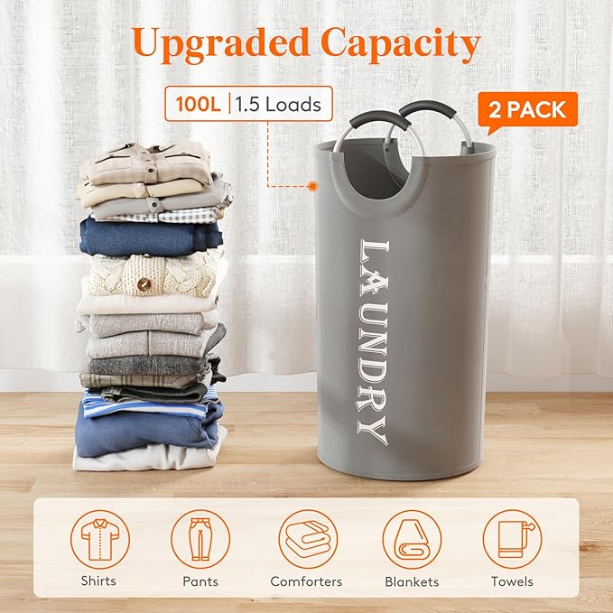 Lifewit 100L 2-Pack Large Laundry Basket, Collapsible Laundry Hamper with Aluminum Handles, Waterproof Freestanding Dirty Clothes Hampers for Laundry Room Bedroom Dorm Bathroom, Silver Grey