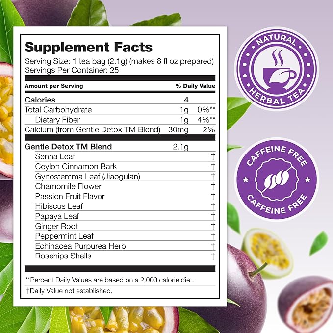 Total Tea SIimming Detox Tea Caffeine Free - 25 Day Detox - Herbal Tea with Chamomile, Hibiscus Tea & Ginger Root for Colon Cleanse – Natural Passion Fruit Herbal Tea