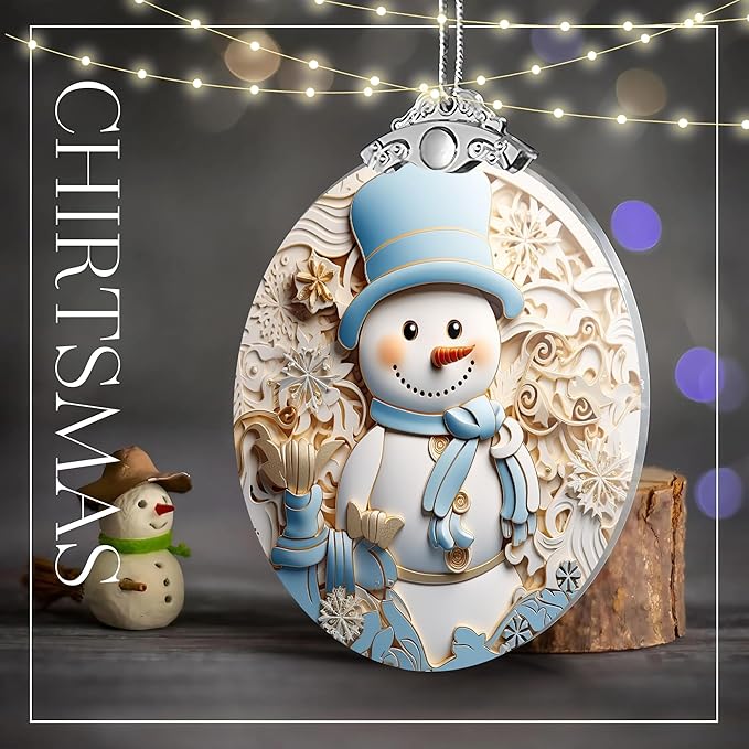 2025 Christmas Ornament, Stained Glass Effections, Christmas Tree 4 Inch Acrylic Ornament Art, White Elephant Gifts for Adults, Christmas Decorations (Blue hat Snowman)