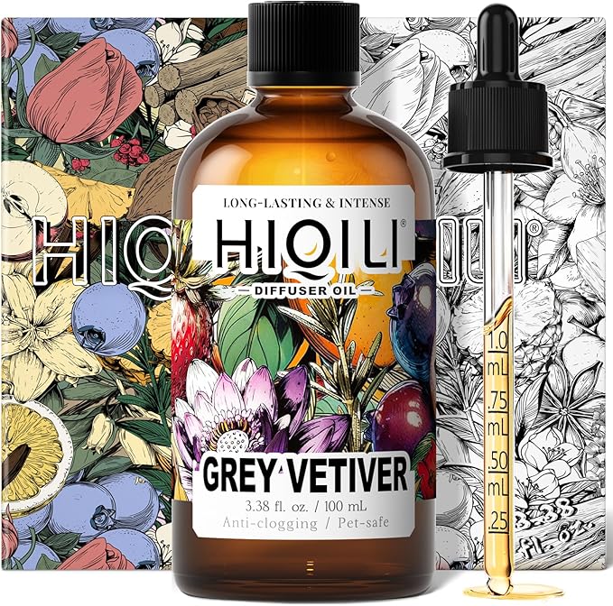 HIQILI Grey Vetiver Diffuser Oil, Fast Diffusion for Large Spaces, Pet - Safe, Suitable for Home and Other Scenarios - 3.38 Fl Oz