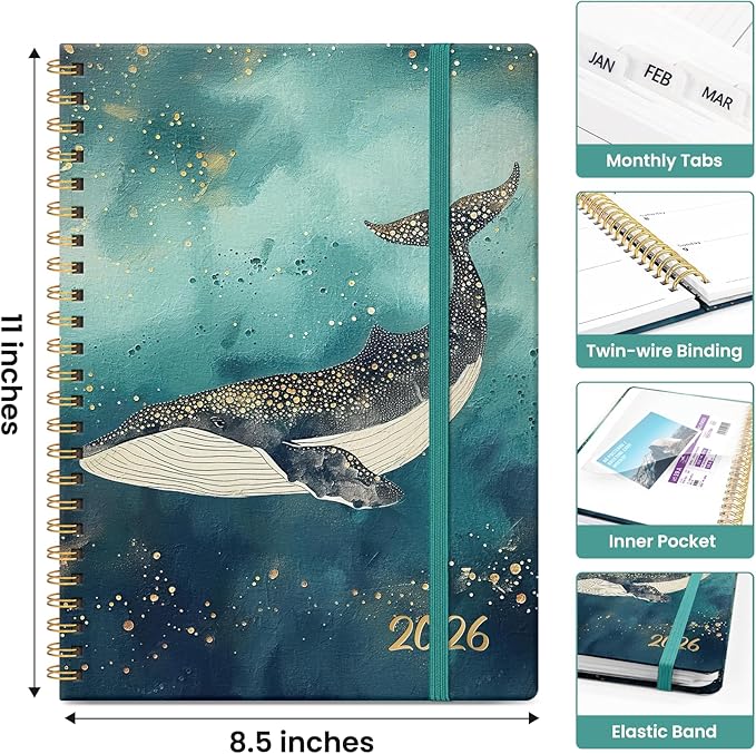 2026 Planner, Monthly and Weekly Calendar Planner for Women, January 2026 - December 2026, Hardcover Pretty 2026 Agenda Planner Book with Tabs, Spiral Bound, Perfect for School Office Home Supplies, 8.5" x 11" - Whale Dreams