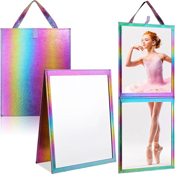 Chunful Foldable Backstage Mirror with Handle Holographic 33.5 X 13.4 Inch Folding Hanging Mirror Rectangular for Travel Dance Bag Home Fitness Spa Gift for Dancers(Colorful)