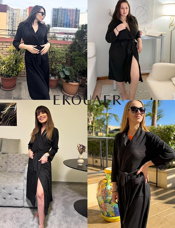 Ekouaer Robes for Women Long Waffle Knit Bathrobe Lightweight Kimono Robe Soft Shawl Collar Spa Robes with Pockets S-XXL