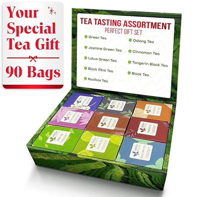 FreshDrinkUS, Premium 90 Tea Bags Sampler Assortment, 9 Different Flavors, 100% Natural Ingredients, Perfect and Well Combination Tea Gift for Tea Lovers, Friends and Family. No Additives, No Gluten, No Sugar, Vegan