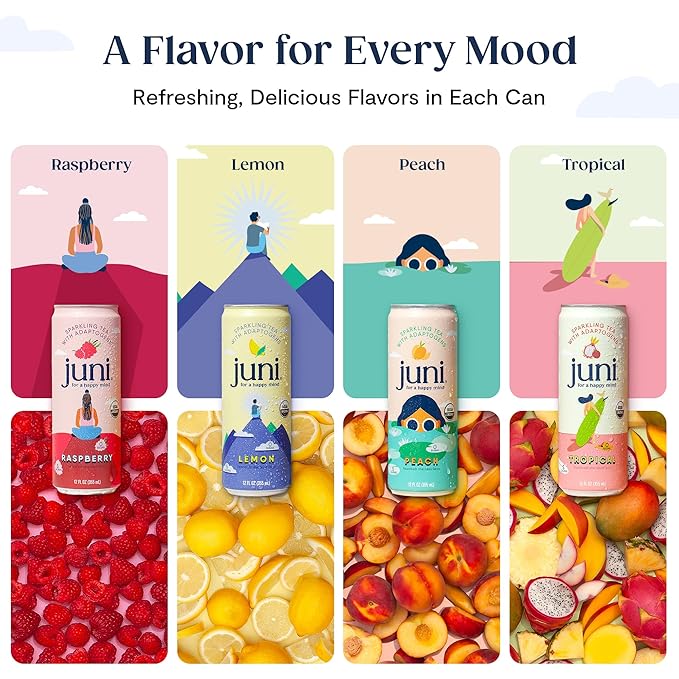 Juni Sparkling Adaptogen Drink with Ashwagandha, Lion’s Mane & Reishi Mushrooms | Green Tea for Focus, Zero Sugar, 10 Calories, Organic | Non Alcoholic Drinks - Lemonade Iced Tea 12 pack