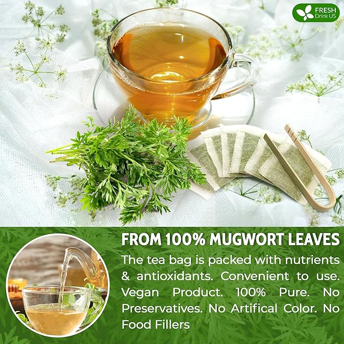 FRESHDRINKUS Premium Mugwort Tea Bags - 120 Count, 100% Natural Pure Leaves, Loose Leaf Herbal Tea, No Sugar, No Caffeine, No Gluten, Vegan