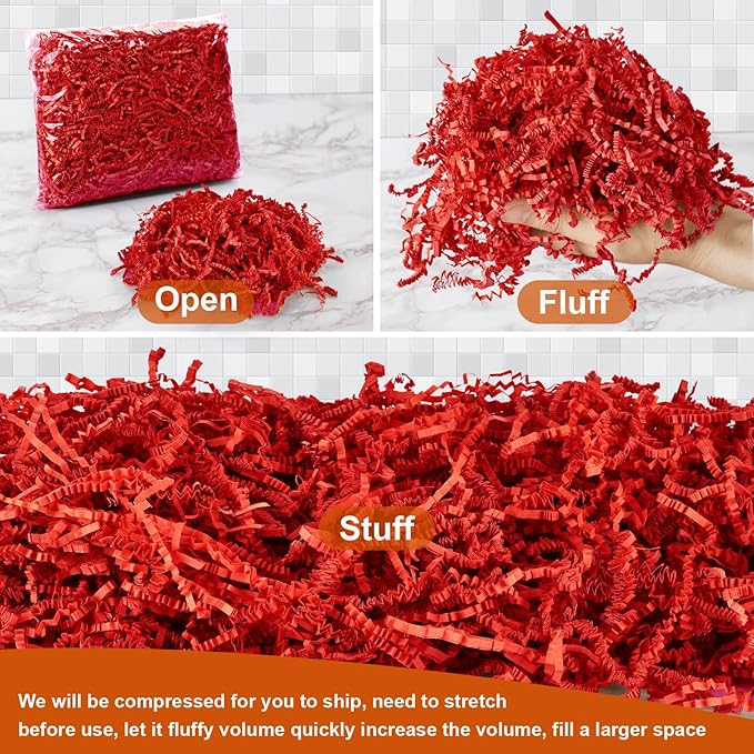 Darfukei Shredded Paper For Gift Baskets, 1/2LB (8 oz) Red Crinkle Paper Filler for Mother's Day Baskets Grass, Crinkle Cut Papers Shred For Birthdays, Weddings,Boxes Bags, Basket Filler ,Anniversaries,Gift Wrapping