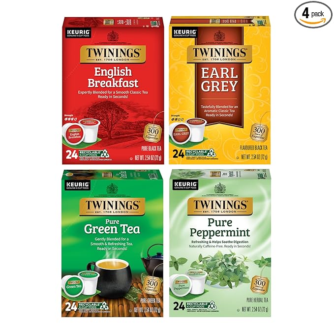 Twinings 96 K-Cup Pods Variety Pack 24 Count (Pack of 4), English Breakfast, Earl Grey, Green, and Pure Peppermint Tea for Keurig and Single Cup Brewers, Enjoy Hot or Iced