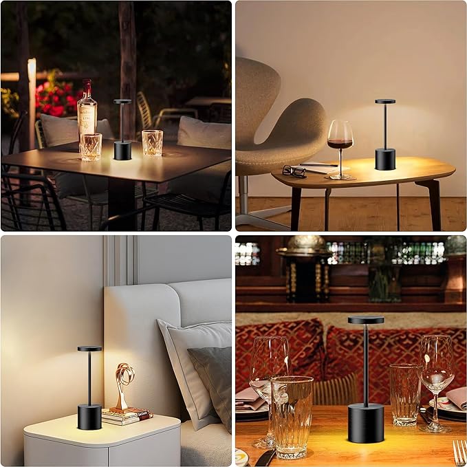 2 Pack LED Cordless Table Lamps, 3 Color Stepless Dimming Battery Powered Lamp, Portable Rechargeable Table Lamp for Dinner/Bars/Patio/Restaurant/Bedroom (Black)