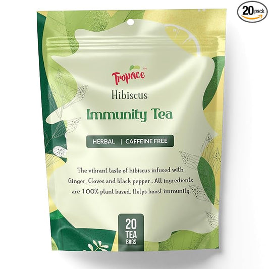 Tropace Organic Immunity Hibiscus Herbal Tea – 20 Tea Bags, Infused with Ginger, Cloves & Black Pepper, Caffeine-Free, Rooted in Egypt & Packed in USA, 1.4 oz (40g)