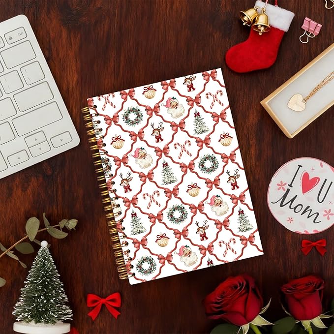 Exqcom Coquette Christmas Red Bow Spiral Notebook Gifts, Retro Xmas Tree Wreath Santa Reindeer Journal for Women, Preppy Aesthetic Hardcover Notebook Journal Office School Supplies, 5.5x8.3 Inch