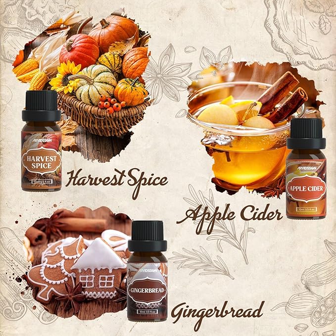 Autumn Spice Essential Oils Set, ARVIDSSON Fall Essential Oil for Diffuser - Cinnamon, Pumpkin Pie, Harvest Spice, Apple Cider, Gingerbread, Snickerdoodle, Cozy Fragrance Oils