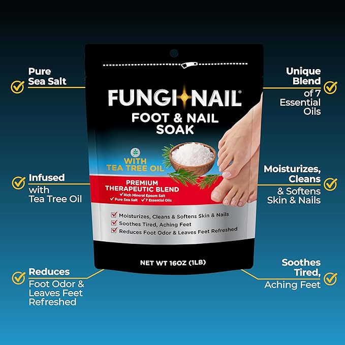 Fungi-Nail Foot & Nail Soak with Tea Tree Oil - Moisturize, Reduce Foot Odor, & Soothe Aching Feet - A Therapeutic Blend of Rich Mineral Epsom Salt, Pure Sea Salt, and 7 Essential Oils - 1 Pound