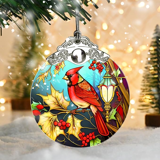 Christmas Ornament - Red Bird Cardinal Stained Glass Decor - Holiday Decorations and Xmas Gift Ideas for Tree