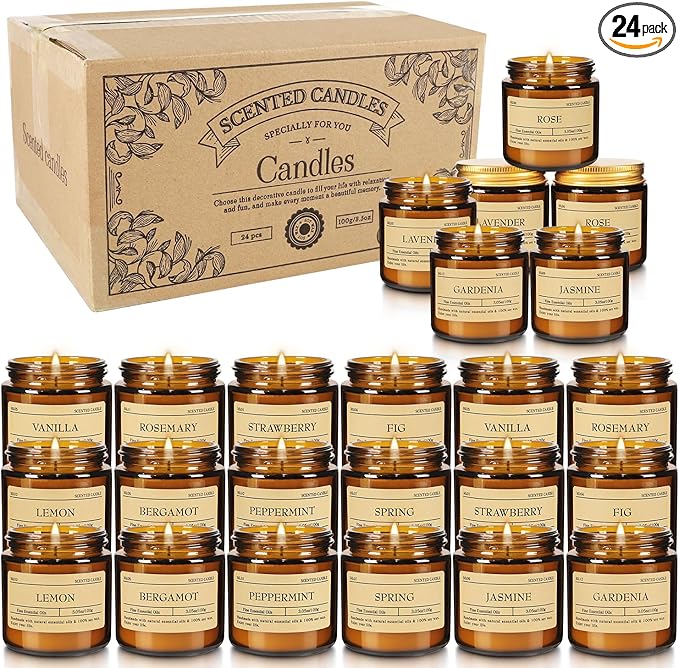 24-Pack Scented Candle Gift Box - 12 scents to Choose from (Rose/Lavender/Lemon/Vanilla), Natural Soy Wax - Birthday, Halloween and Christmas