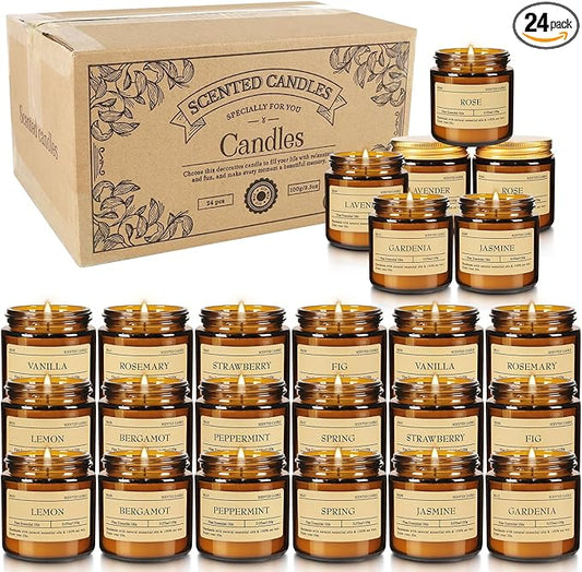24-Pack Scented Candle Gift Box - 12 scents to Choose from (Rose/Lavender/Lemon/Vanilla), Natural Soy Wax - Birthday, Halloween and Christmas