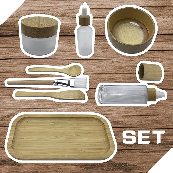 Face Mask Mixing Bowl Set Bamboo,8 Pcs Diy Facemask Mixing Tool Kit With Facial Mask Bowl,Spatula,Spoon,Brush,Empty Refilable Lotion Pump Bottle,Cream Jar and Dropper Bottle and Tray