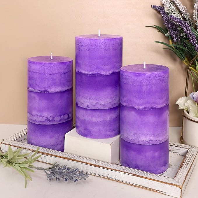 3" x 6" Handmade Pillar Candles Lavender Scented Purple Decorative Candles Long-Lasting Burn Air Clean Lavender Candles for Home Fragrance Rustic Room Centerpieces Wedding Decor,Set of 3