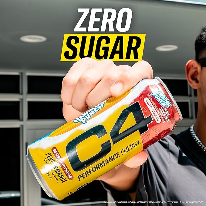 C4 Energy Drink, Hawaiian Punch Fruit Juicy Red, Carbonated Sugar Free Pre Workout Performance Drink with no Artificial Colors or Dyes, 16oz Pack of 24