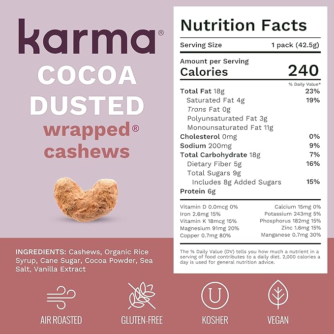 Cocoa Dusted Cashews with Skin by Karma Nuts, Whole, Sweet, Roasted, Vegan, Gluten Free, Low Net Carb, Natural, Everyday Nut Snack, 1.5 Ounce (12 Snack Packs)