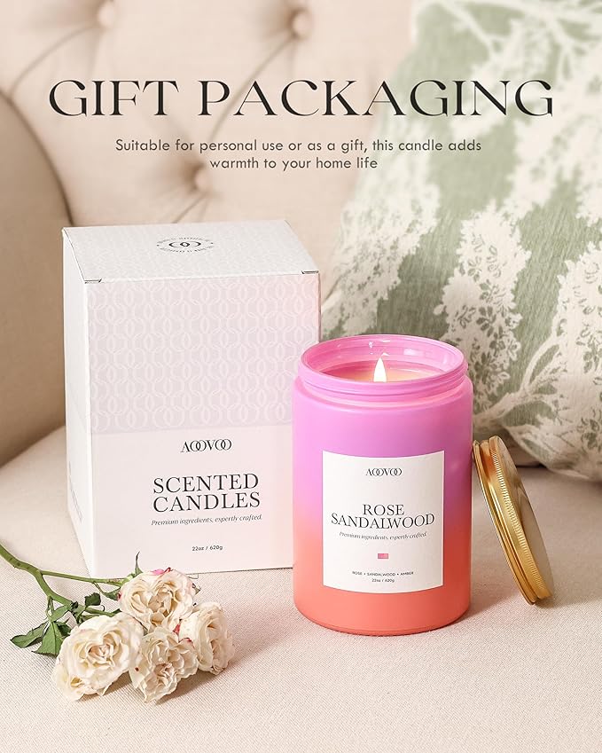 AOOVOO Rose Sandalwood Candles - Scented Candle Gift for Women, 22 oz Large Soy Candle, 120 Hours Burn, Jar Candle for Home Scented, Relaxing, Stress Relief Candles