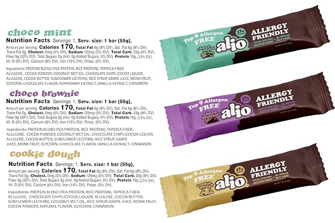 Alio Protein Bars - 3-Flavor Combo Box (12 Bars) – Free From The Top 9 Food Allergens, High Protein, Low-Calorie, Vegan, Gluten-Free, Nut-Free, Non-GMO, Plant-Based, Seed Oil Free, Delicious & Healthy Snack
