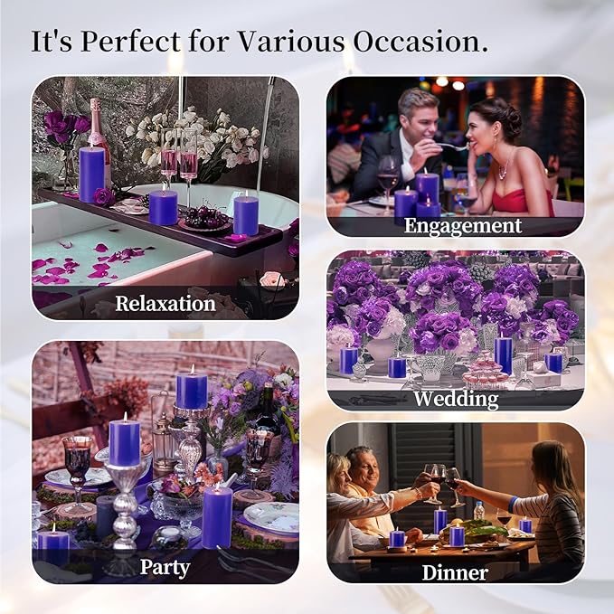 KONNI Violet Pillar Candles Set of 3, 3"x 3" Unscented Pillar Candles Bulk, 30 Hours Long Burning Candles, Smokeless and Dripless Large Round Candle for Wedding, Home Decoration, Parties, Spas, Dinner