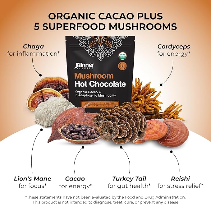 Inner Elevate Mushroom Hot Chocolate Superfood - Ceremonial Cacao with 5 Mushrooms (Lion's Mane, Cordyceps, Chaga, Reishi, Turkey Tail) - Great as a Coffee Alternative, Hot Chocolate, or Smoothie (30 Servings)
