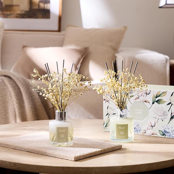 Airkeep Reed Diffuser 3.38 oz (100ml) 2pk, Clean Linen Scented Reed Diffuser Set,Reed Diffuser & Oil Diffuser Sticks, Aromatherapy, Airkeep Reed Diffuser Set Box 2-Clean Linen