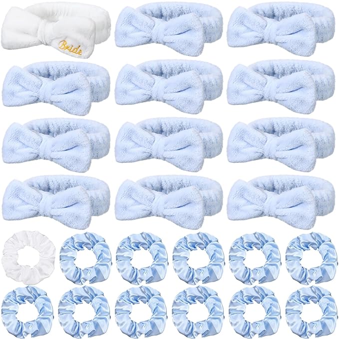 24 Pcs Bachelorette Party Favors Include 12 Bride Bridesmaid Spa Headband 12 Bridesmaid Gifts Scrunchies for Women Sleepover Spa Bachelorette Party Accessories Supplies(White,Blue)