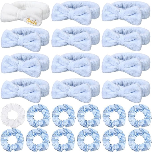 24 Pcs Bachelorette Party Favors Include 12 Bride Bridesmaid Spa Headband 12 Bridesmaid Gifts Scrunchies for Women Sleepover Spa Bachelorette Party Accessories Supplies(White,Blue)