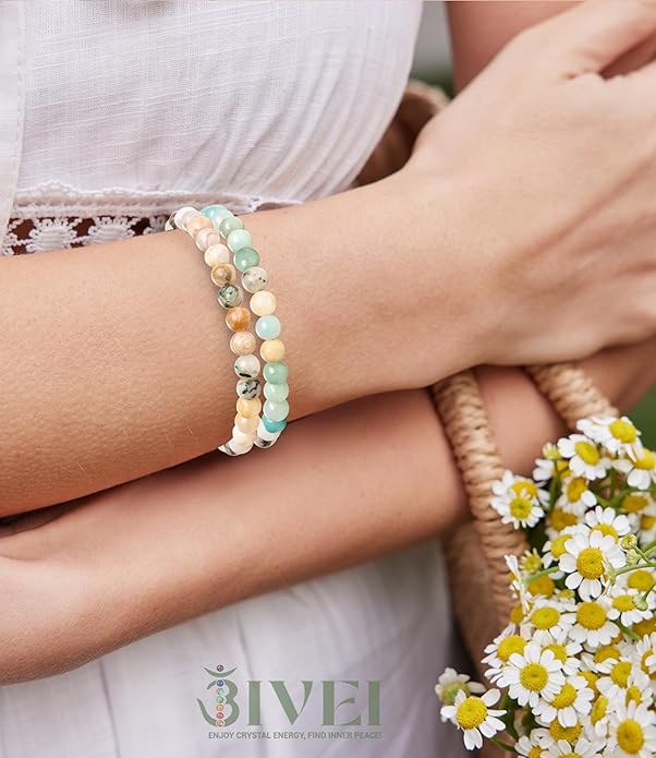Bivei Natural Gemstone Semi Precious Healing Crystals Handmade Stretchy Round Beads Bracelet, Enhance Positive Energy