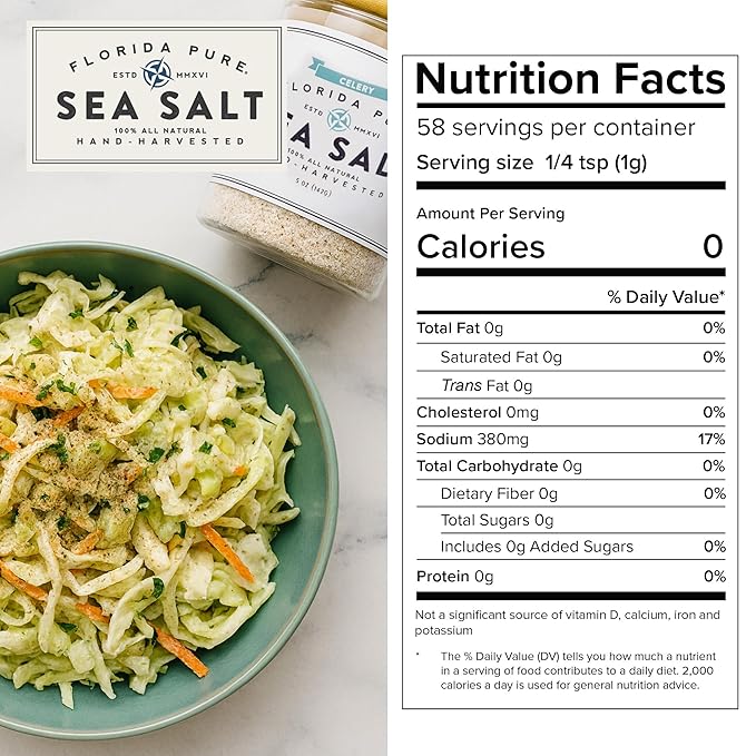 FLORIDA PURE Celery Sea Salt - 80+ Mineral Sea Salt, Natural, Unrefined, Non Iodized - for Baking, Cooking, Seasoning & Cocktail Rims - Rich Taste Flaky Sea Salt (5 oz Jar)