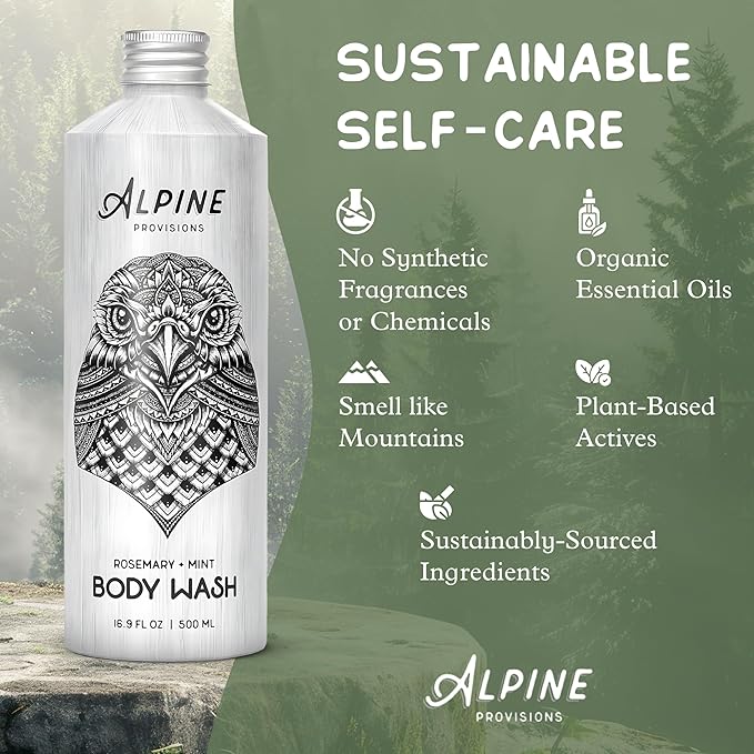 Alpine Provisions Earthy Rosemary + Mint Body Wash – Nutrient-Rich with Chamomile & White Tea Extracts – Vegan, Sulfate-Free, Plastic-Free Packaging – 16.9 fl oz - Natural and Moisturizing Body Wash