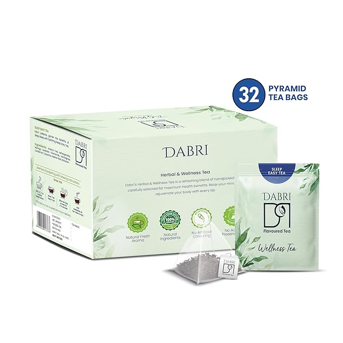Dabri Sleep Easy Wellness Tea Bags | 32 Pyramid Bags | Bedtime Tea for Sleep & Relaxation | Herbal Green Tea Blend to Relieve Tension, Support Detox & Calm the Mind