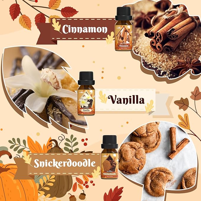 Autumn Essential Oil Set, Fragrance Oil Set for Diffuser, Soap & Candle Making, Humidifiers - Apple Spice, Pumpkin Pie, Pine, Cinnamon, Vanilla, Snickerdoodle Scents Oils for Home Care 6x10ml