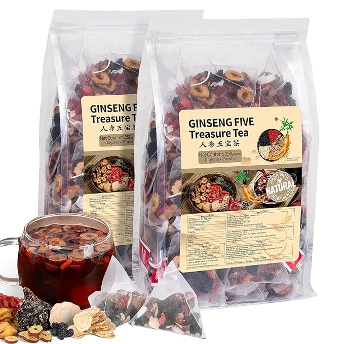 Ginseng Five Treasures Kidney Tea, Traditional Chinese Herbal TeaBags, Natural Organic Kidney Cleanse Detox Tea for Women & Men, 7 Precious Ingredients Formula(2 Pack/50 Bags)