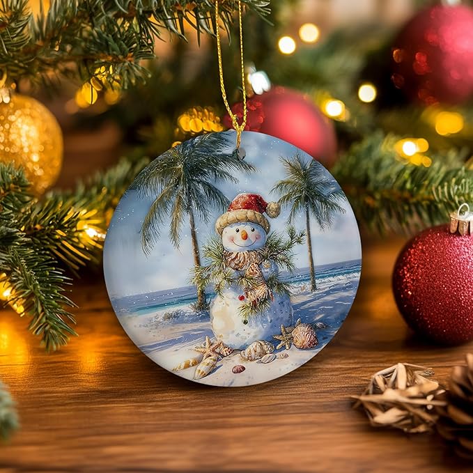 Coastal Summer Christmas Ceramic Ornament Gifts, Ocean Beachy Snowman Christmas Decorative Hanging Ornaments for Xmas Tree Holiday Party Decoration, Coastal Beach Xmas Tree Decorations