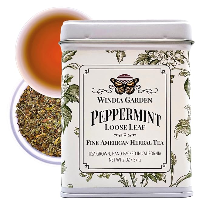 Windia Garden, Peppermint Tea, Loose Leaf Herbal Tea, Grown in USA, Caffeine-Free, Classic Metal Tea Tin, Hand-Packed in California, Small Woman Owned Business