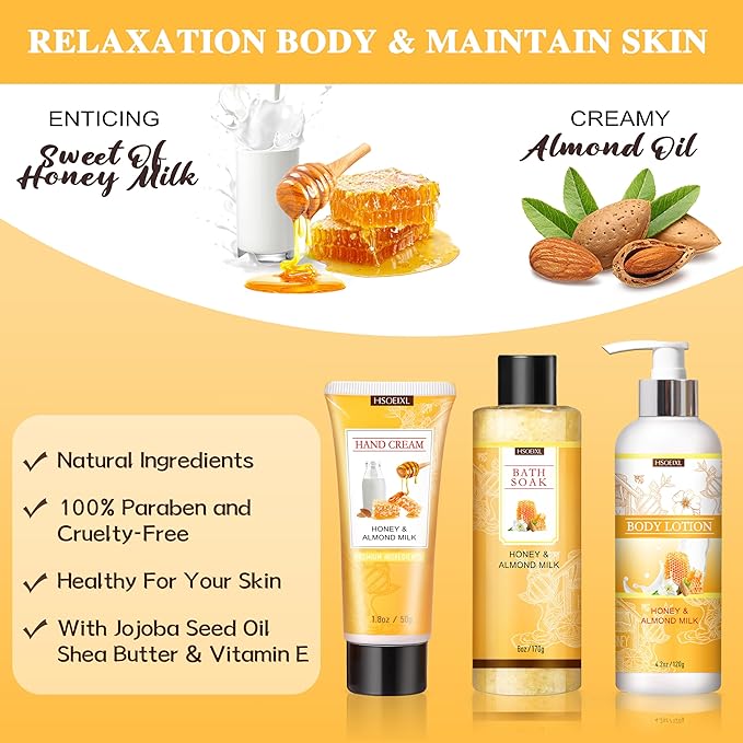 Gifts for Women, Birthday Gifts for Women, 9 Pc Almond Milk & Honey Bath and Body Gifts Set, Self Care Gifts Spa Gifts Basket, Relaxing Bath Sets for Mom, Girlfriend, Sister, Female Friends, Coworker