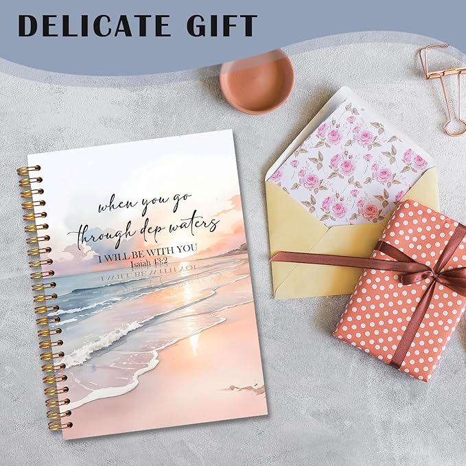 Coastal Christian Spiral Notebooks, Isaiah 43:2 Bible Journal, Scripture Journals for Writing, Christian Gifts for Women Men, Religious Notebook for Note Taking, 5.5x8.3 Inch