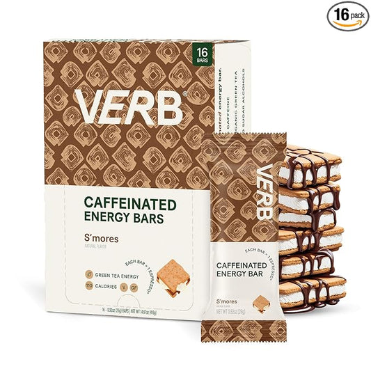 Verb Caffeinated Energy Bars S'mores (26g, Pack of 16) 110-Calorie Delicious Low Sugar Energy Bar - Vegan Gluten Free On-the Go Snack with 80mg Green Tea Caffeine, Only Real-Food Ingredients