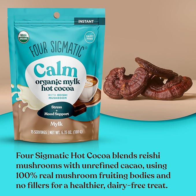 Four Sigmatic Calm Mushroom Cocoa Mix | Organic Mylk Hot Cocoa Mix with Reishi Mushroom | Vegan, Dairy Free | 15 Servings