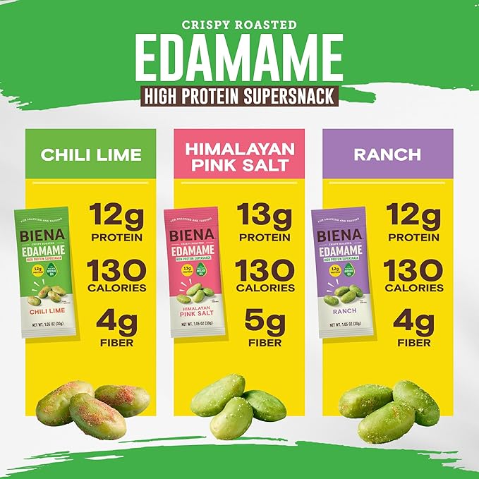 Biena Crispy Roasted Edamame Beans Snack – High Protein Low Carb Snack for Adults & Kids, 12g-13g Protein per Serving - Made w/Avocado Oil – Vegan, Gluten-Free – 18-Pack 1.05oz Variety Pack