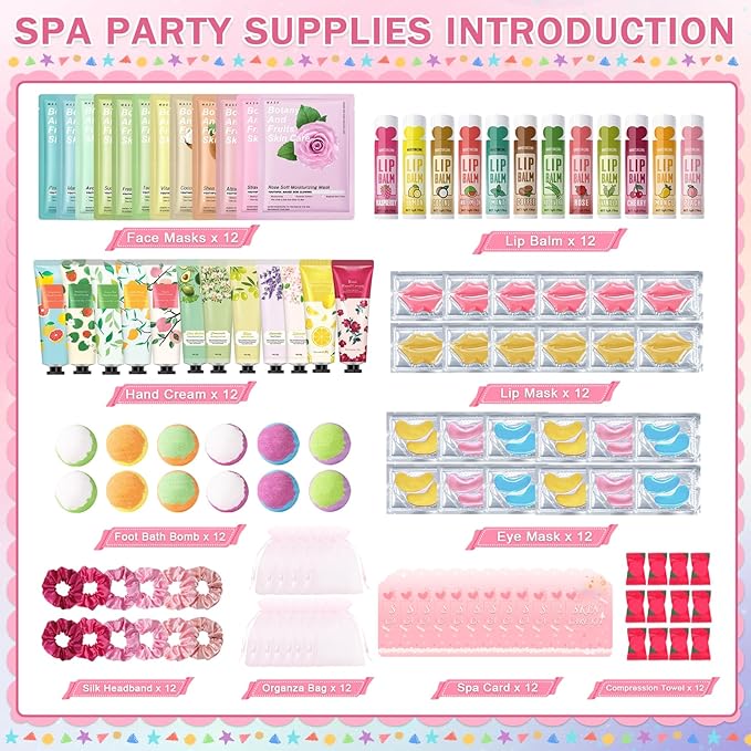 120 PCS Spa Party Supplies for Girls & Women,Spa Party Favors Include Face Masks Skincare,Hand Cream,Lip Balm,Eye Masks,Lip Mask,Foot Bath Bombs,Slumber Sleepover Party Supplies for Girls