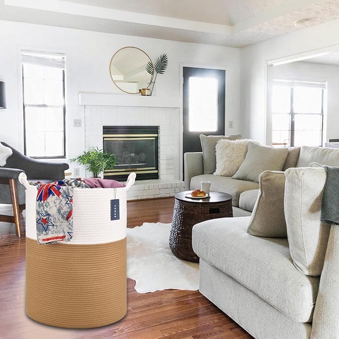 COMSE Extra Large Blanket Basket, Tall Woven Storage Basket, Nursery Hamper, 15.7”x 21.7”, Cotton Rope Laundry Hamper for Toys Clothes Towels, White/Camel