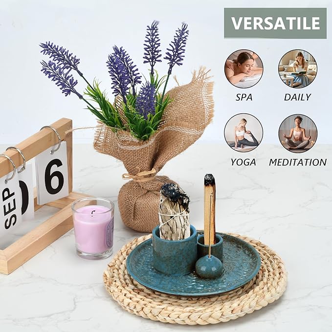 Ceramic Incense Holder Set with Decorative Tray, White, Intricate Pattern Design, 5.9x5.9x2 Inch, for Sticks, Cones, Palo Santo, Sage (Blue)