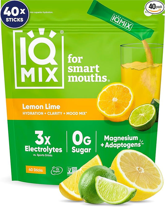 IQMIX Hydration Electrolyte Powder – 4-in-1 Formula for Hydration, Mental Clarity, Mood and Recovery – Sugar-Free Drink Mix, Keto, Magnesium L-Threonate, Lion’s Mane – 40 Count Lemon Lime